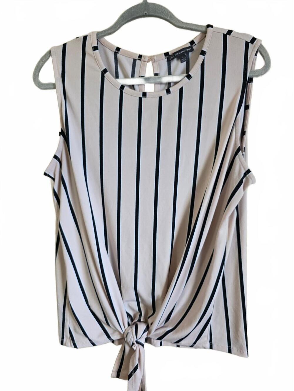 Adrianna Papell Sleeveless Striped Blouse with Front Tie Detail L